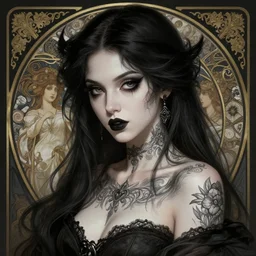 portrait of a sexy goth tattooed girl, intricate, elegant, highly detailed, digital painting, artstation, concept art, smooth, sharp focus, illustration, art by artgerm and greg rutkowski and alphonse mucha and william - adolphe bouguereau