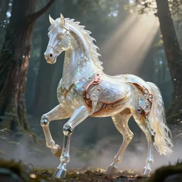 white pearlescent, chrome, iridescent titanium, crystal, liquid gold, copper, bronze hybrid biomechanical horse, by h. r. giger, cinematic forest lighting, crystalline masterpiece incrustations, hyperdetailed metalwork, in volumetric soft glowing mist, elegant pose, movie still, octane render, unreal engine, crepuscular rays,