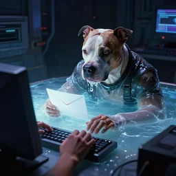 pitbull using a computer to check his email submerged in translucent goo, over the shoulder perspective, in 1 9 8 5, y 2 k cybercore, industrial low - light photography, still from a kiyoshi kurosawa movie