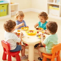 “ a group of tinker toys seated around a toy table eating toy food”