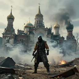 photo of smoke from mortal kombat 1 in post - apocalyptic russia, realistic, cinematic, filmic, establishing shot
