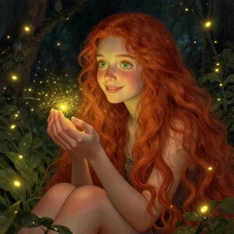 a young woman, amazed by the lights of golden fireflies, sitting in the midst of nature fully covered, long loose red hair, intricate linework, green eyes, small nose with freckles, oval shape face, soft happy smile, realistic, expressive emotions, mystical scene, hyper realistic ultrafine detailed illustration by james jean and albert bierstadt and artgerm