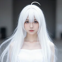 Portrait of a japanese young lady with a long white, white hair!!!, white hair!!!, ayaka cosplay, white hair!!!, young with white hair!!!!!, Canon EOS R3, f/1.4, ISO 200, 1/160s, 8K, RAW, unedited, symmetrical balance, in-frame