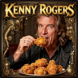 gamma ray album cover featuring photo of kenny rogers eating fried chicken, power metal album cover, trending on artstation, intricately detailed, highly detailed, classic, award winning
