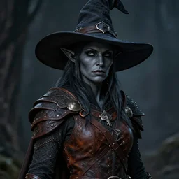 a female drow elf, dark grey skin, serious face, wearing a witch hat, hunter, leather armor, medieval, style by donato giancola, wayne reynolds, jeff easley dramatic light, high detail, cinematic lighting, artstation, dungeons and dragons