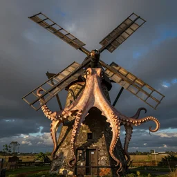 an octopus windmill, telephoto lens, Nikon 200mm camera