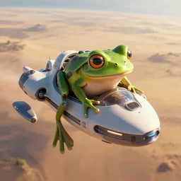 a beautiful digital artwork of a futuristic frog piloting a spaceship over a planet of sand, trending on artstation, realistic