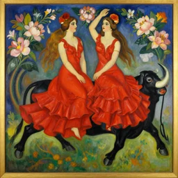 highly detailed painting of gemini goddesses wearing red flamenco gowns riding a black bull and framed with flowers by tamara de lempicka