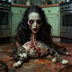 cinematic colorful horror artwork by artgerm, beksinski, bernie wrightson, jean delville ; real life full portrait of dead cat animal neck twisted head touching spine, lying on kitchen floor ; haunting, brutal scary terrifying, 8 k hdr, creepy intricate ; dramatic lighting, insanely detailed