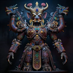 totem to the machine god, symmetrical, coherent, hyper detailed, far shot, ominous lighting, colorful