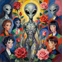 grey alien, black cat eyes, botanical, rose, full body portrait, colorful, kupka, intricate, miles johnston, kuroda seiki, ozabu, godward, painterly, yoshitaka amano, moebius, miles johnston, louise zhang, james jean, mark ryden lowbrow pop surrealism art style