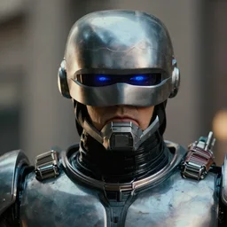 terminator street fighting robocop, detailed facial expression, cinema still