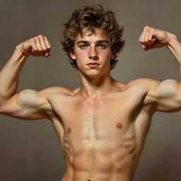 noah centineo, hyperrealistic painted portrait of rugged young teen twink zeus greek god showing biceps, handsome handsome detailed digital painting trending artstation concept art sharp focus illustration art by alphonse mucha greg rutkowski