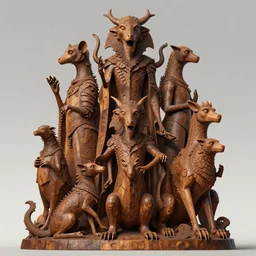 low angle shot of a large wooden sculpture with creatures by guillermo del toro, rich colors, intricate, elegant, highly detailed, centered, digital painting, artstation, concept art, smooth, sharp focus, illustration, artgerm, Tomasz Alen Kopera, Peter Mohrbacher donato giancola, Joseph Christian Leyendecker, WLOP, Boris Vallejo