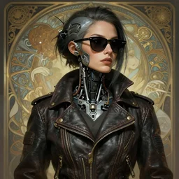 a streampunk female robot wearing sunglasses and a leather jacket, photography of kurzgesagt, deep focus, d & d, fantasy, intricate, elegant, highly detailed, digital painting, artstation, concept art, matte, sharp focus, illustration, hearthstone, art by artgerm and greg rutkowski and alphonse mucha