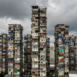 many high towers, made up of makeshift squatter shacks with bleached colours, dystopia, hasselblad x 1 d, moody sky at the back, fully frontal view, very detailed, ultra sharp, photographed by michael kenna