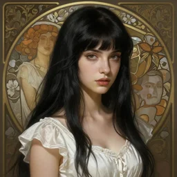 a beautiful girl with long black hair and bangs, wearing a white dress, D&D, fantasy, portrait, sharp focus, intricate, elegant, digital painting, artstation, matte, highly detailed, concept art, illustration, ambient lighting, art by ilya kuvshinov, artgerm, Alphonse mucha, and Greg Rutkowski
