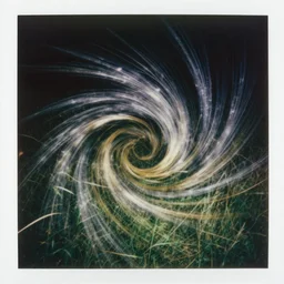 washes of color. contrast of light and dark. birds eye view cinematic spangled cosmic polaroid. It is dark all around. The wind and light making dramatic whorls and spiral patterns of shadow and light in the grass. blinding silver, viridescent, at play. spangled night time photography.