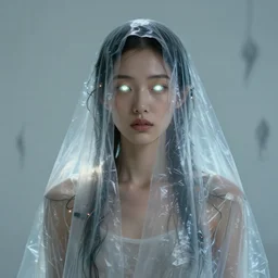 portrait of a beautiful asian woman, draped in transparent plastic cloth, plastic, glowing eyes, flat background, masterpiece, soft light glowing, wires everywhere, by edgar maxence and ross tran, zdzisław beksinski, and michael whelan, distant, gustav dore, h. r. giger, 8 k, octane render