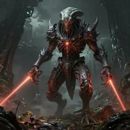 futuristic alien with lasers eldenring boss. fromsoftware, dark souls, eldenring, screenshot, extremely detailed, insanely detailed, realistic, zbrush, horror, bloodbourne, h. r. giger