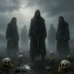 stoneage shrouded in fog, gloomy sky, faint light behind the clouds, skulls on the ground, puddles of water, highly detailed, cinematic lighting, perfect composition, 4 k, gustave dore, derek zabrocki, greg rutkowski, belsinski, octane render, dark fantasy, artem demura