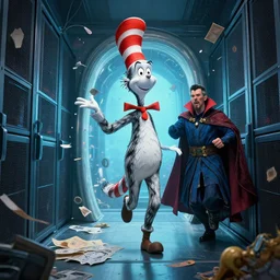 the third first image on the scattered absurdity server, dr seuss, and dr strange, very pretty, portal hopping and time warping with wild reckless abandon, dramatic atmosphere, photo realistic, hyperrealism