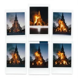collage of polaroid photographs of burning churches