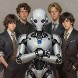a cyborg bouncer mascot character posing for a picture, digital painting, masterpiece by rembrandt and thomas kinkade and frank frazetta and kentaro miura, by reiq and tite kubo, stylized yet realistic faces and anatomy, advanced lighting technology, beautiful, gorgeous brush strokes