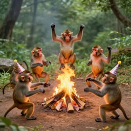 Birthday monkeys dancing around a fire