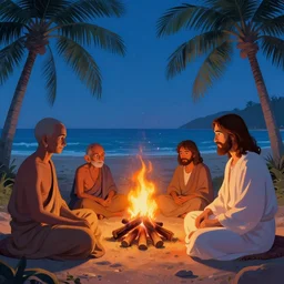 close view of buddha gandhi and jesus sitting in a circle around a campfire at the beach with palm trees in the back, gloom haven, matte painting concept art, art nouveau, beautifully backlit, vibrant color