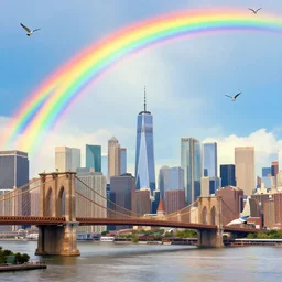 rainbow over a city skyline with a bridge and birds flapping over it, concept art, illustration, highly detailed, high quality, bright colors,