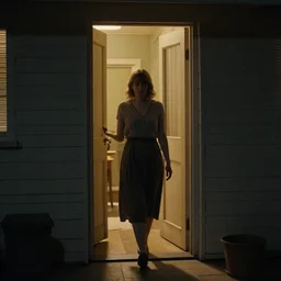 woman leaving the house, cinematic lighting, establishing shot, art by jordan grimmer
