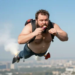 a fat guy with a black beard flying on jetpack while eating a viennetta