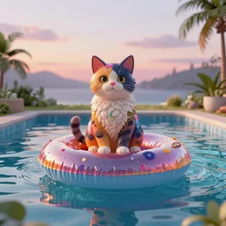 cat sitting on a float in a pool octane render, brilliantly coloured, intricate, ultra wide angle, trending on artstation, dusk, volumetric lighting, polished, micro details, ray tracing, 8k