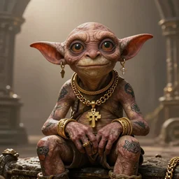 gollum couching in a dungeon proudly wearing gold and jewelry and bling, hip hop style, tattoos, lotr, imax, foggy atmosphere, bokeh, professional studio shot, stylized photo, single image