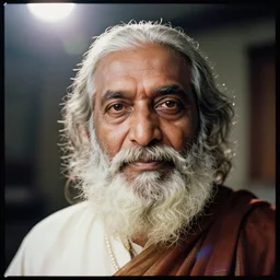 A Hyper realistic and detailed portrait photography by Annie Leibovitz of Jaggi Vasudev. Agfa Vista 400 film. Detailed. Depth of field. lens flare. moody. cinematic. warm light. realistic. expired film.