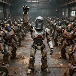 a realistic robot with a welding helmet for a head, one fist held high in triumph, standing in front of hundreds of large robots inside a huge rusty dingy warehouse, army of robots, raygun gothic, atomic punk, digital art, detailed octane render, high angle