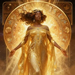 black african princess, elegant, warm volumetric lighting, cosmic, symmetric, highly detailed, concept art, heavenly, god rays, intricate, sharp focus, illustration, alexandros pyromallis, bouguereau, rutkowski, artgerm, alphonse mucha