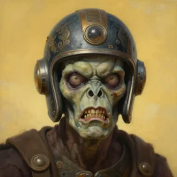 breathtaking soft painting of angry zombie with an intricate retrofuturistic helmet in a golden sky, realistic symmetrical face features, rembrandt style, elegant, highly detailed, artstation, concept art, matte, sharp focus, art by tom bagshaw, and greg rutkowski