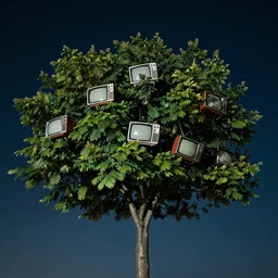 photo of a tree with old televisions in the canopy, night