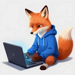 a concept art of anthropomorphic fox in a blue hoodie hacking a portable computer, artstation, digital art, oc commission, style by studio trigger