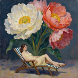 closeup, huge flowers as head, woman sitting on lounge chair, surreal photography, studio, dramatic light, impressionist painting, digital painting, artstation, simon stalenhag
