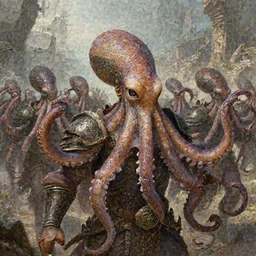 marching army of octopus mages through ancient lands, intricate details, detailed face, detailed armour, artstation, epic scenery, ambient light, cinematic, digital painting by marco bucci