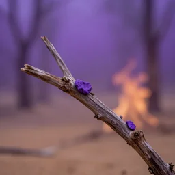 ultra realistic close - up on a dried branch with little purple rock in a desert forest blur purple fog fire