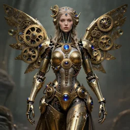 A steampunk beautiful goddess, she half human and half android, she is embellished with gears wheels and gemstones, by William Holman Hunt, Greg Rutkowski, Stanely Artgerm, Tooth Wu, Peter Gric, Aaron Horkey, trending on Artstation, digital art, mythological, symmetrical artwork, cinematic lighting, hyper realism, high detail, octane render, ultra realistic, golden ratio, 4k, 8k