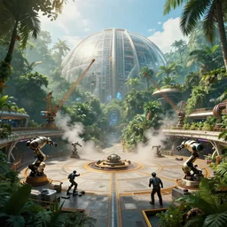 movie still frame, an industrial docking bay inside a luxurious futuristic city dome in a lush jungle, beautiful composition, sunny, steam, cranes, robots, 8 k, cgi, by ridley scott, james cameron, zack snyder and michael bay