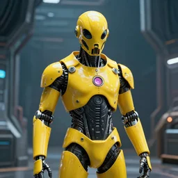 big budget scifi movie set in futuristic world with alien brainsuckers cyborg in shiny yellow rubber and radiation mask