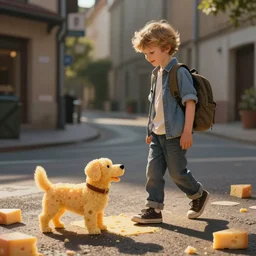 boy made of cheese walks a dog made of cheese on a street made of cheese