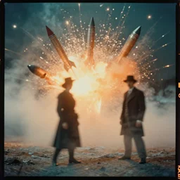 kodak portra 4 0 0, wetplate, muted colours, orange and teal, 1 9 1 0 s style, motion blur, portrait photo of a backdrop, explosions, rockets, bombs, sparkling, snow, fog, by georges melies and by britt marling