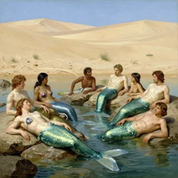 a group of mermaids lounging in a desert oasis, by edward poynter and wlop